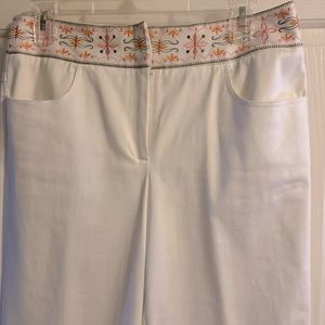 TALBOTS l; SIZE 8  White Pants with Beautiful Embroidered Waist Band, NWOT